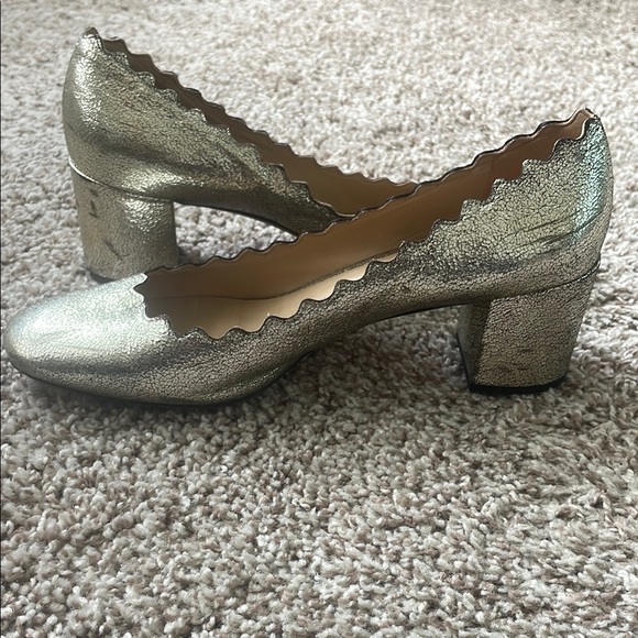 Chloe Gold Heels with Scalloped Edge and Rounded Toe - Picture 7 of 12